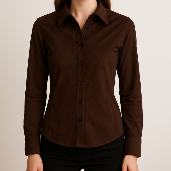 Express Brown Faux Suede Button-Up Top - Picture 1 of 4